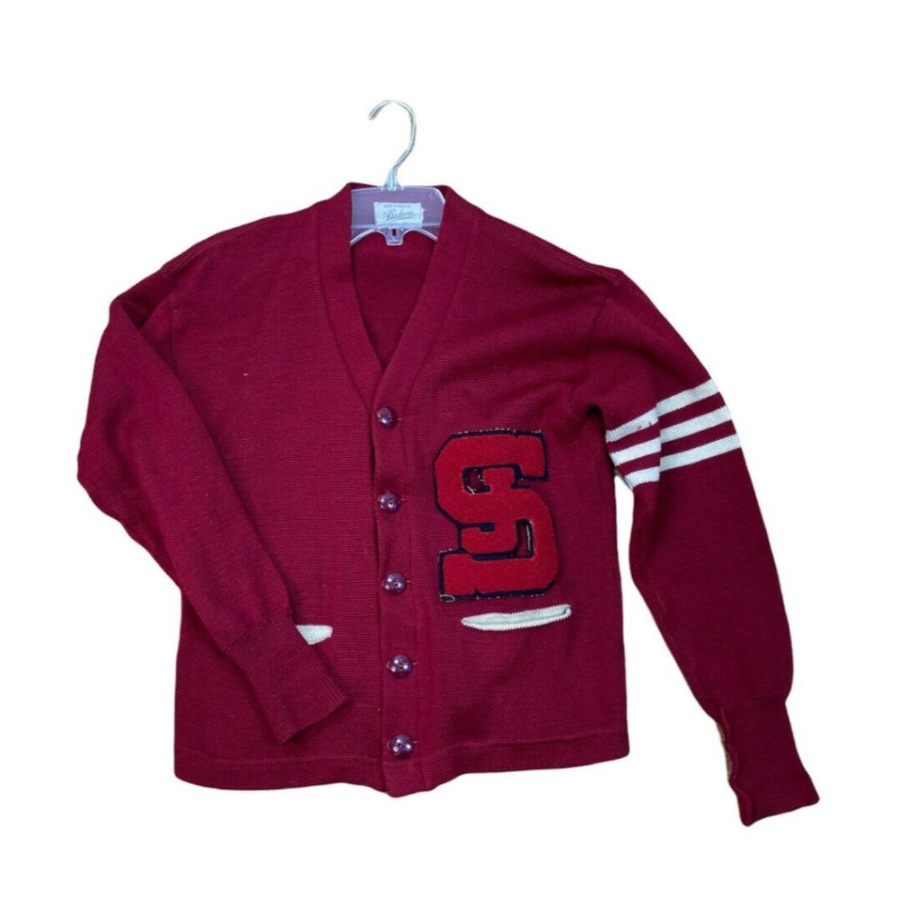 *Vtg Dehen Highschool Letterman Cardigan Sweater Red 100% Wool Letter Pockets Sm